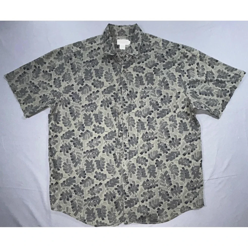 Banana Republic Safari Shirt Mens L Beige Leaf Cotton Short Sleeve Button Up
